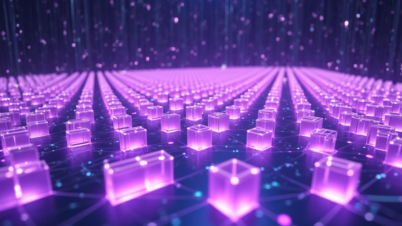 Abstract visualization of an optimized warehouse grid illuminated by AI neural networks